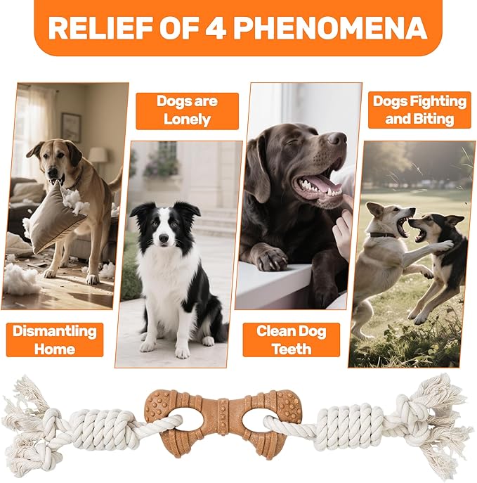 Dog Rope Toy for Aggressive Chewers, Tug and Teething Toy with Natural Cotton Rope and Wood-Plastic Bone, Durable Chew Toy for Medium to Large Dogs 20-60lb