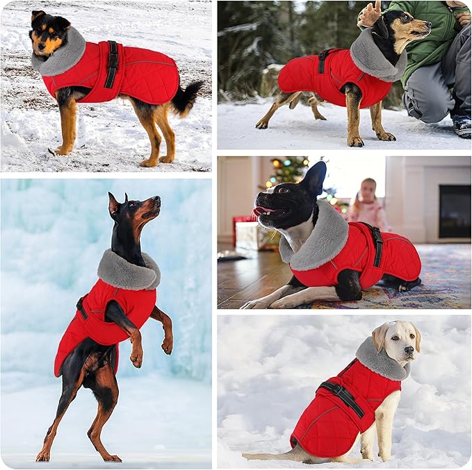 Dog Coat, Waterproof Dog Winter Jacket with Adjustable Buckle, Reflective Turtleneck Pet Snow Vest Warm Fleece Sweater for Small Medium Large Dogs - Red, L