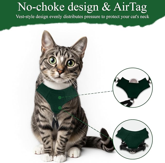 A1HC Escape Proof Cat Harness and Leash - Soft Adjustable Vest, Comfortable Mesh and Long Strips with Air Tag Pocket, Easy Control, Safe Walking Harness for Cats & Kittens - Dark Green (Small)