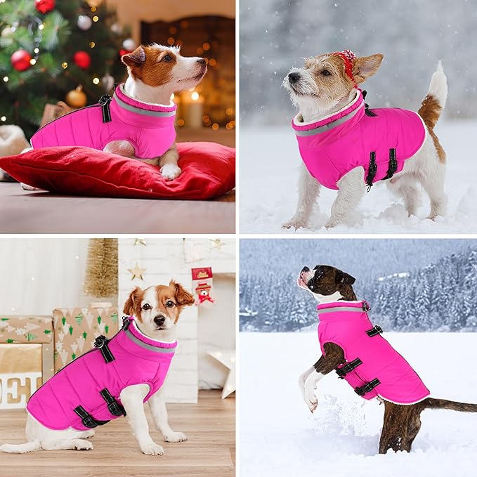 Dogcheer Dog Coat, Waterproof Dog Jacket with Harness, Reflective Adjustable Puppy Winter Coat with Zipper, Christmas Pet Snow Jacket Clothes for Small Medium Large Dogs - Pink L