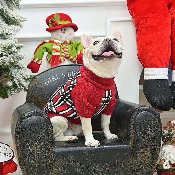 SCENEREAL Turtleneck Dog Sweater for Small Medium Large Dogs Girls Boys, Christmas Plaid Pullover Puppy Sweatershirt, Dogs Cold Weather Outfit Clothes, Ideal Gift for Pet in New Year, Red Plaid L
