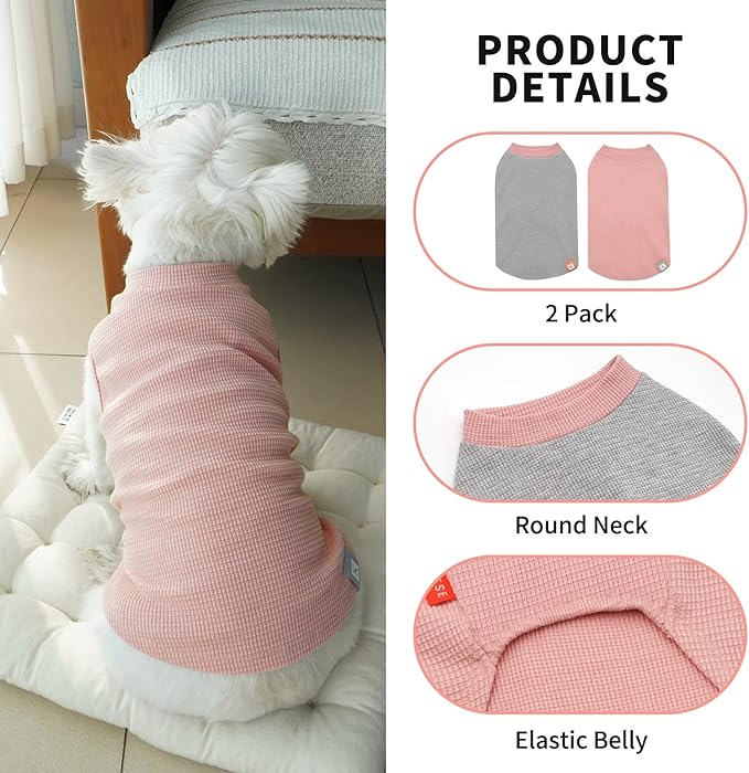 KYEESE 2Pack Dog Shirts Waffle for Small Dogs Stretchy T-Shirts Lightweight Tank Top Sleeveless Dog Vest Breathable, X-Large, Pink+Grey