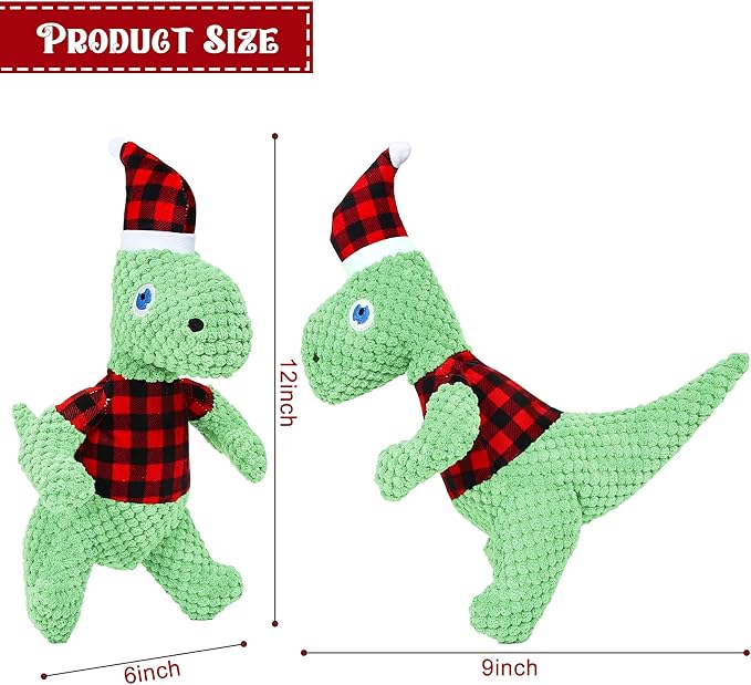 Christmas Dog Toys, Plush Stuffed Green Dinosaur Animals Toy, Squeaky Dog for Small Dogs, Interactive Dog Toys for Tug-of-War