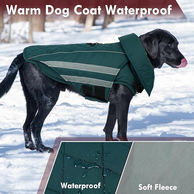 Large Dog Jacket Waterproof Warm Dog Winter Coats with Harness Hole Turtleneck Reflective Snowsuit Adjustable Fleece Coat for Dogs French Bulldog, Green L