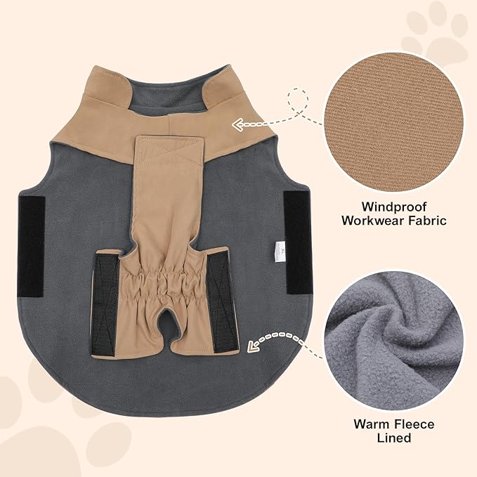 Workwear Style Dog Coats with Harness Built in for Small Dogs Windproof Warm Puppy Jacket with Storage Pockets for Cold Winter,LightBeige L