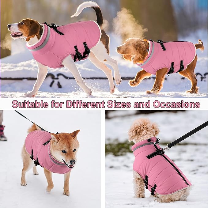 Dogcheer Dog Coat with Harness, Waterproof Dog Jacket Adjustable Winter Coat with Zipper, Christmas Puppy Snow Jacket Fleece Sweater for Small Medium Large Dogs - Light Pink L