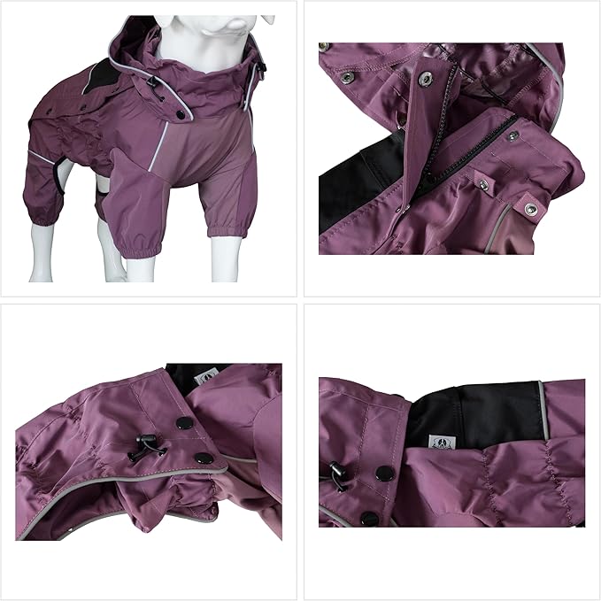 LOVELONGLONG Waterproof Dog Raincoat with Removable Hood – Outdoor Full Body Dog Jacket, Windproof Snowproof Shell Suit – All Season Pet Rain Gear Plum Purple XXL