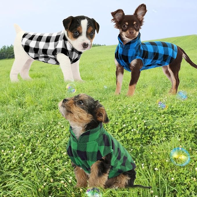 KAMA BRIDAL 3 Pack Spring Autumn Winter Coat Pullover Fleece Vest for Cats Small and Medium Dogs - Thin Sweater Blue Green Black Plaid (XXS)