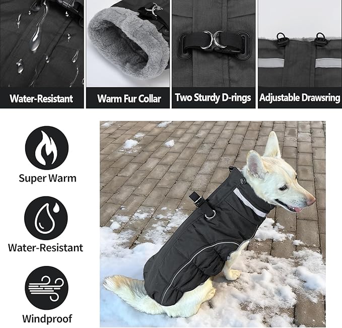 Malier Dog Coat, Reflective Dog Jacket Waterproof Windproof Puppy Cold Weather Coats with Harness Built in, Winter Extra Warm Pet Coat Fleece Vest for Small Large Pets and Puppy (Black, Large)