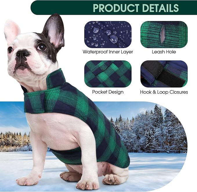 Kuoser Reversible Winter Coat, British Style Jacket for Small Dogs, Warm Windproof Puppy Cold Weather Clothes Vest, Green XS