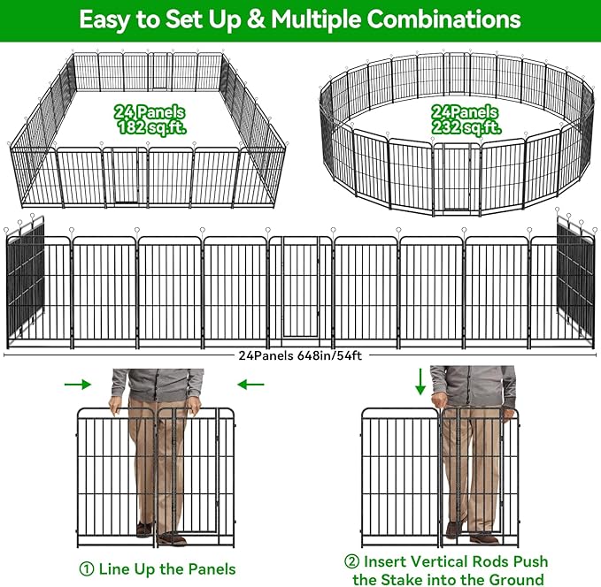 Square Steel Pipe Dog Fence Outdoor 24 Piece Panels 40" Height Anti-Rust Heavy Duty Dog Playpen with Doors Portable for Yard RV Camping, Total 54FT, 227 Sq.ft, Snowy Black