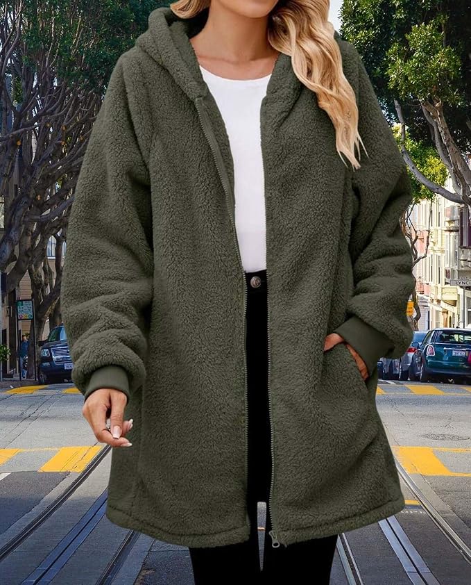 LIZALIG Women's Oversized Fleece Jacket Hooded Zip-Up Cardigan Coat with Pockets Warm Winter Casual Wear for Vacation