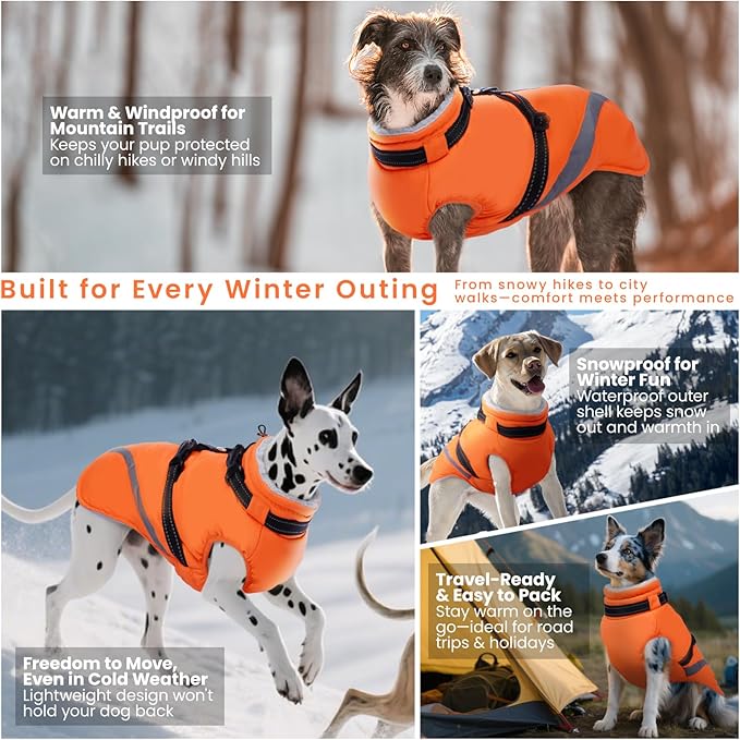 QBLEEV Small Dog Coat, Dog Jackets for Small Dogs, Winter Warm Waterproof Chihuahua Cold Weather Vest with Harness, Windproof Puppy Yorkie Reflective Fleece Dogs Snowsuit for Maltese, Orange, S