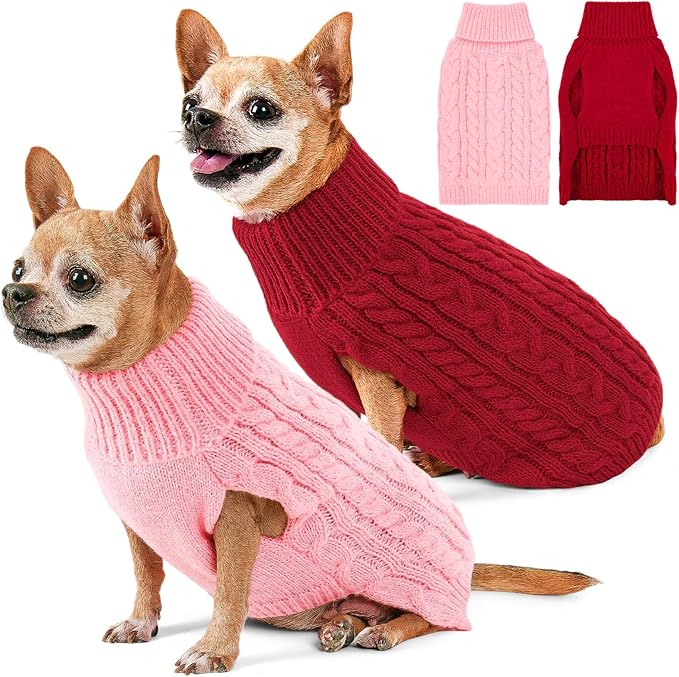 2 Pack Dog Sweaters for Small Dogs Turtleneck Pullover Cable Knit Puppy Stretch Clothes Chihuahua Yorkie Pomeranian Toy Poodle Boy Girl Pets Winter Doggie Clothes (XS, Pink & Red)