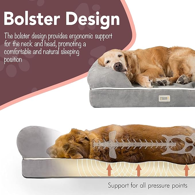 Friends Forever Large Dog Bed, Orthopedic Pet Sofa Memory Foam Mattress, Calming Dog Couch, Wall Rim Pillow, Water Resistant Liner, Washable Cover, Non-Slip Bottom, Chester, Large Grey