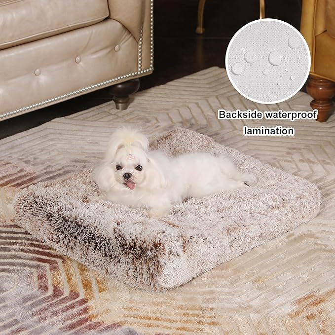 Bedfolks Waterproof Crate Bed, Plush Dog & Cat Bed with Removable Washable Cover, Faux Fur Kennel Pad, 23"x18", Brown
