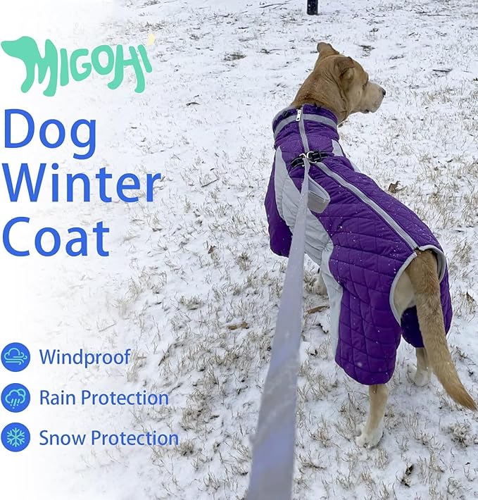 MIGOHI Full Body Dog Coat - Warm Reflective Large Dog Winter Coat with Harness,Turtleneck Fleece Jacket for Dogs,Four-Leg Windproof Puffer Jackets Snowsuit with Zipper for Small Medium Large Dogs,2XL