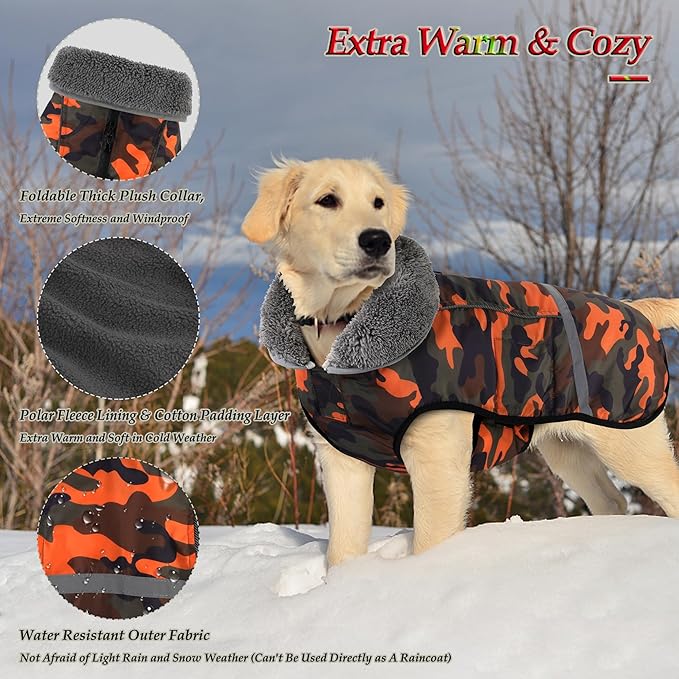 Dogcheer Warm Dog Coat, Waterproof Dog Jacket Christmas Puppy Winter Coat with Buckle, Reflective Adjustable Pet Snow Jacket Turtleneck Fleece Sweater for Small Medium Large Dogs - Orange Camo, M