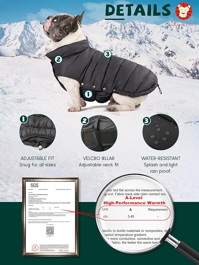 SPACE LION Dog Puffer Jacket, Down Winter Coat, Durable Outdoor Coat for Cold and Windy Conditions, Waterproof, Lightweight Jacket, Adjustable Fit for Small, Medium, Large Dogs(Black,14/L)