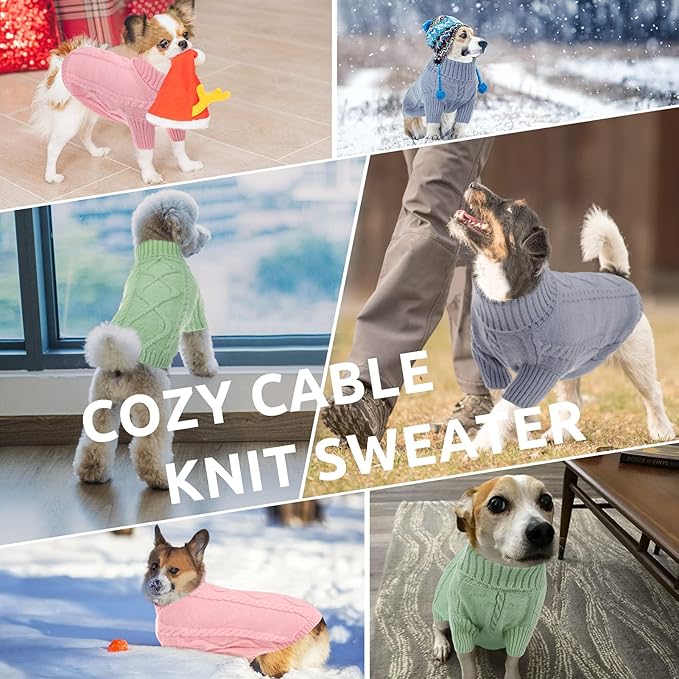 Queenmore Small Dog Pullover Sweater, Cold Weather Cable Knitwear, Classic Turtleneck Thick Warm Clothes for Chihuahua, Bulldog, Dachshund, Pug, Yorkie (Pink, Medium)