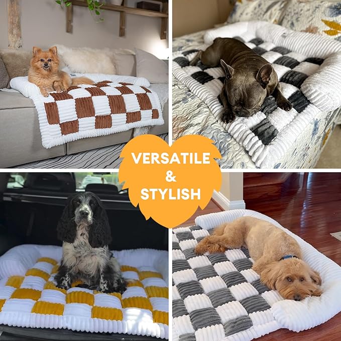 FUNNY FUZZY Pet Couch Covers for Sofa, Dog Couch Cover Protector 27.56×25.59" Cozy Cream Plaid Washable Pet Bed Mat for Furniture Sofa Cover for Dogs Cats, Small, Light Brown