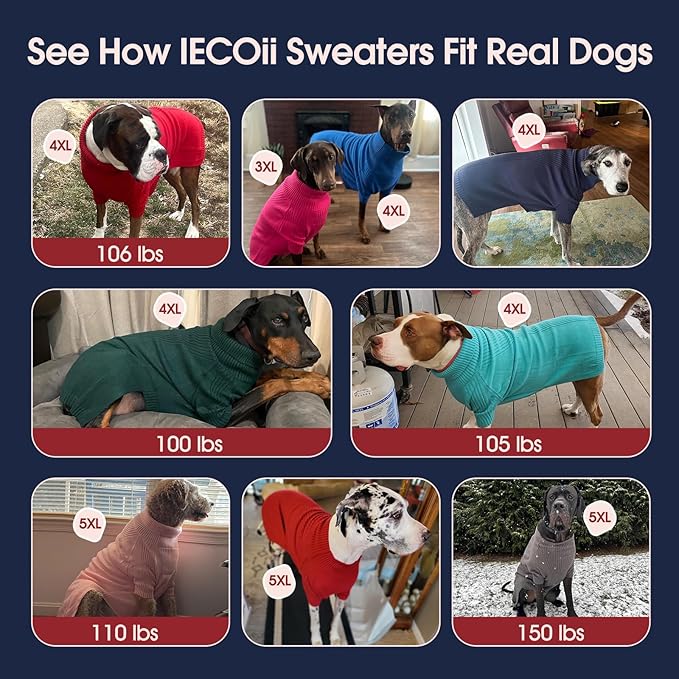 IECOii Great Dane Sweater,5XL Extra Large Sweater for Giant Breed Dogs in Winter,Turtleneck Cold Weather Knit Clothes,Machine Washable,Elastic Pullover for Saint Bernard,Mastiff (Royal Blue,XXXXXL)