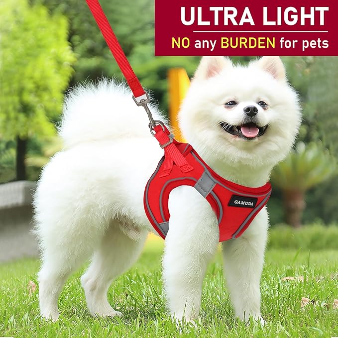 GAMUDA Small Pet Harness Collar and Leash Set, Step in No Chock No Pull Linen Fabric Soft Mesh Dog Vest Harnesses Reflective for Dogs Puppy Cats Kitten Rabbit (Red, XL)