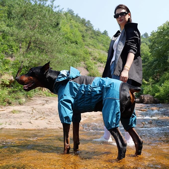 LOVELONGLONG Waterproof Dog Raincoat with Removable Hood – Outdoor Full Body Dog Jacket, Windproof Snowproof Shell Suit – All Season Pet Rain Gear Ocean Teal S+