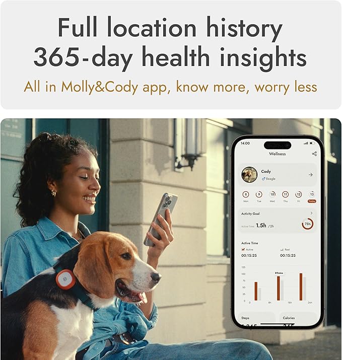 Molly&Cody GPS + Bluetooth Pet Tracker for Cats & Dogs – Real‑Time Tracking, Virtual Fence, IP67 Waterproof, Up to 60‑Day Battery, Health Monitoring, iOS/Android – 3‑Month Subscription Included (Gold)