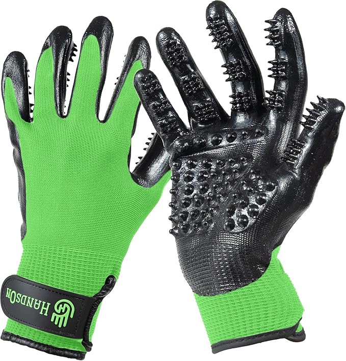 H HANDSON Pet Grooming Gloves - Patented #1 Ranked, Award Winning Shedding, Bathing, & Hair Remover Gloves - Gentle Brush for Cats, Dogs, and Horses (Green, Medium)