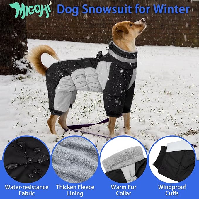 MIGOHI Full Body Dog Coat - Warm Reflective Large Dog Winter Coat with Harness,Turtleneck Fleece Jacket for Dogs,Four-Leg Windproof Puffer Jackets Snowsuit with Zipper for Small Medium Large Dogs,XL