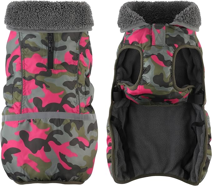 Dogcheer Warm Dog Coat, Waterproof Dog Jacket Reflective Adjustable Puppy Winter Coat with Buckle, Christmas Pet Snow Jacket Turtleneck Fleece Sweater for Small Medium Large Dogs - Camo Pink, XL