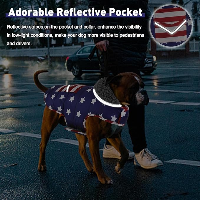 Dog Coat, Waterproof Dog Winter Jacket with Pocket, Reflective Adjustable Pet Snow Vest, Warm Cozy Fleece Sweater for Small Medium Extra Large Dogs - American Flag, 3XL