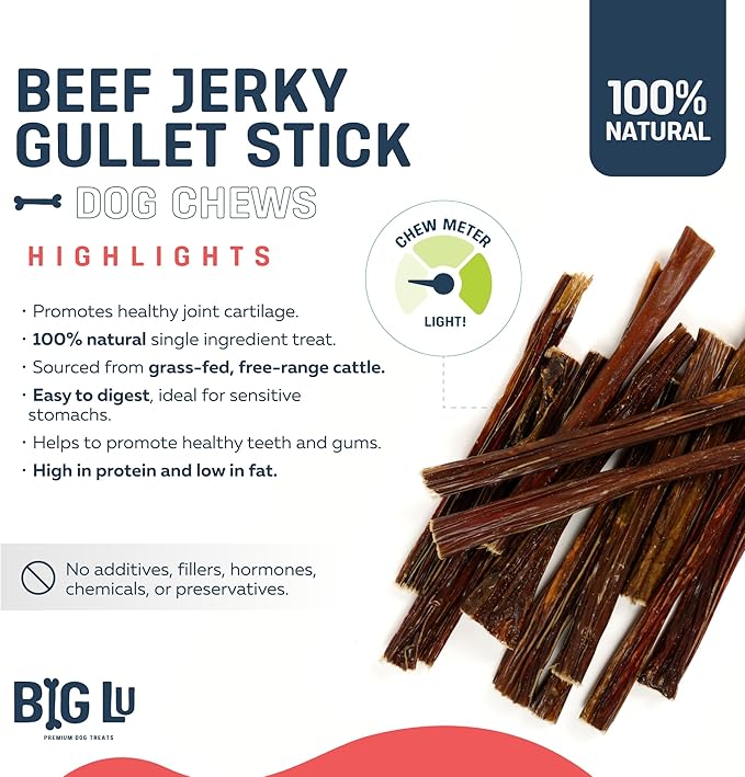 Big Lu - 6-Inch Jerky Gullet Sticks, 12 Count, All-Natural Beef Dog Chews, Grass-Fed, Free-Range, Digestible Treats with Glucosamine and Chondroitin for Joint Health, Dogs