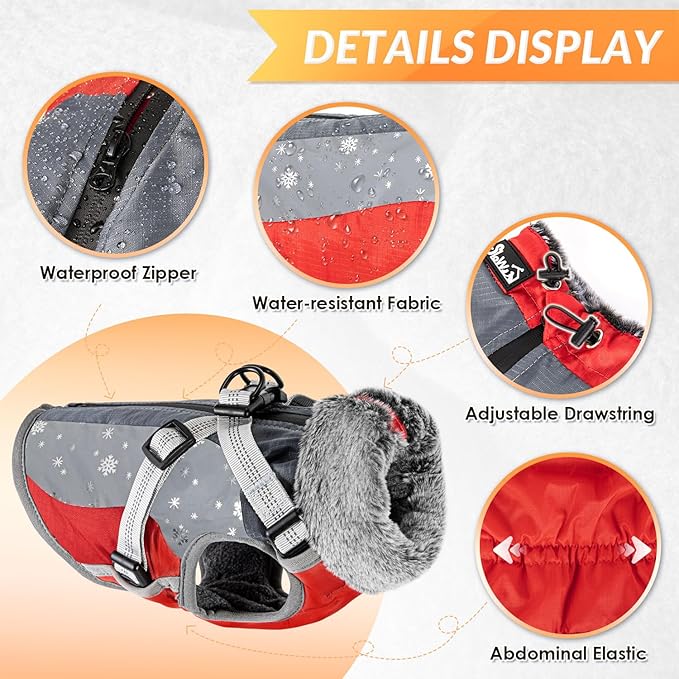 SlowTon Dog Jacket with Harness Built in - Waterproof Fleece Winter Warm Dog Coats for Small Medium Dogs, Reflective Adjustable Furry Puppy Vest Clothes for Outdoor Walking (Red & Black,M)