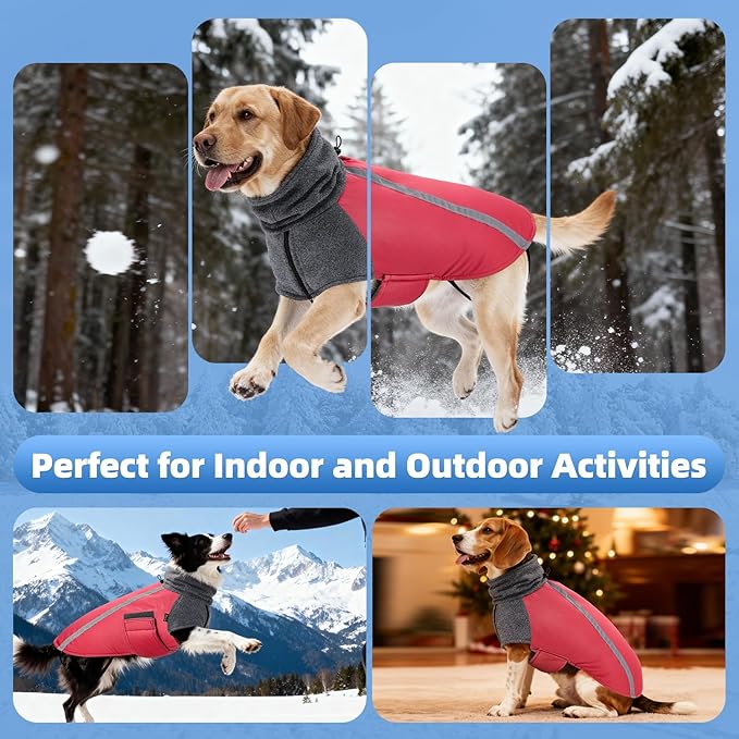 SlowTon Winter Dog Coat, Warm Polar Fleece Lining Doggie Outdoor Jacket with Turtleneck Scarf Reflective Stripe Adjustable Waterproof Windproof Puppy Vest Soft Pet Outfits (S,Red)