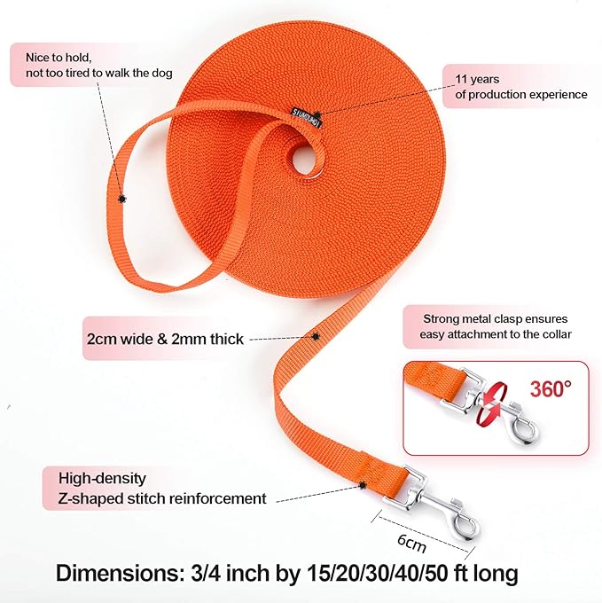 Siumouhoi Dog/Puppy Obedience Recall Training Agility Lead - 15ft 20ft 30ft 40ft 50ft Training Leash - Great for Play, Camping, or Backyard - Orange 40ft (40Feet, Orange)