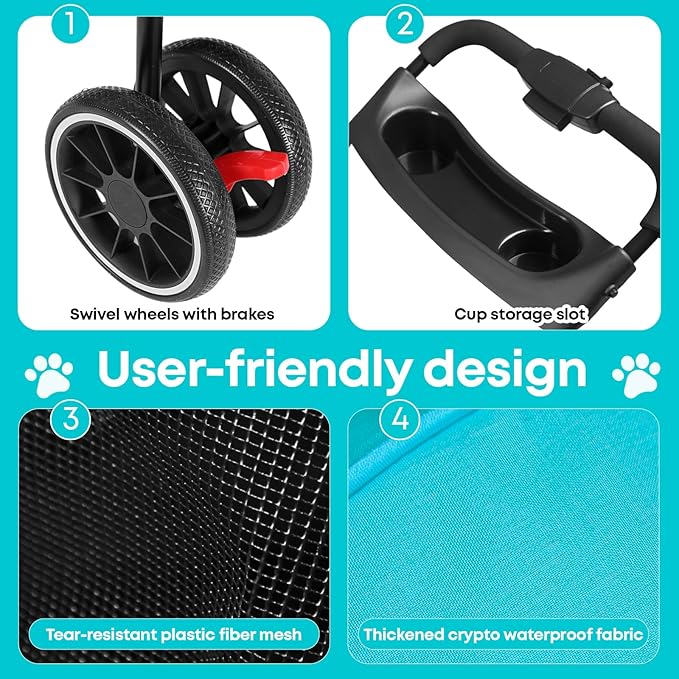 Pet Stroller,Dog Stroller for Small Medium Dogs Cats,3 Wheels,Foldable,with Breathable Mesh Canopy,Cup Holders,Easy Assembly,Mint Green