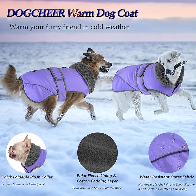 Dogcheer Dog Coat, Waterproof Dog Jacket Reflective Pet Winter Coat with Adjustable Hook & Loop, Christmas Puppy Fleece Jacket Warm Turtleneck Snowsuit for Small Medium Large Dogs - Taro Purple, S