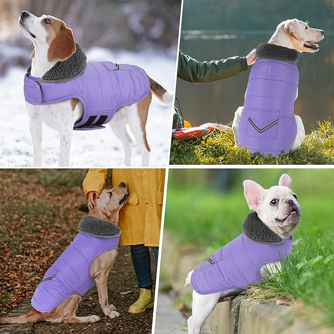 Dog Coat, Waterproof Dog Winter Jacket with Pocket, Reflective Adjustable Pet Snow Vest, Warm Cozy Fleece Sweater for Small Medium Extra Large Dogs - Light Purple, L
