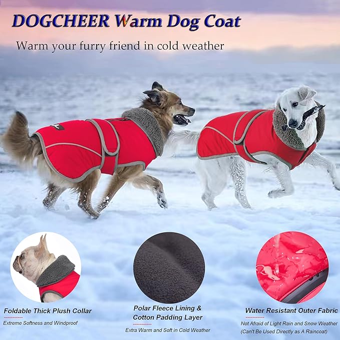 Dogcheer Dog Coat, Waterproof Dog Jacket Reflective Pet Winter Coat with Adjustable Hook & Loop, Christmas Puppy Fleece Jacket Warm Turtleneck Snowsuit for Small Medium Large Dogs - Red, S