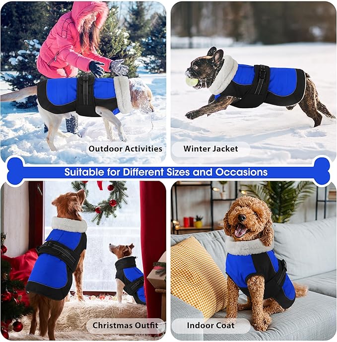 Dogcheer Waterproof Dog Coat, Christmas Dog Winter Jacket, Adjustable Puppy Fleece Coat for Cold Weather, Reflective Turtleneck Snow Jacket for Small Medium Large Dogs - Blue, 2XL