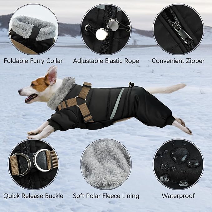 BRKURLEG Black Dog Coat with Harness, Dog Winter Jacket, Dogs Onesie Body Warm Jackets, Small Dogs Winter Coats Reflective Windproof Warm Cold Weather Coats, Pet Waterproof Jacket Hiking L