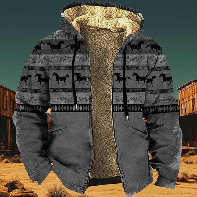 Men's Western Aztec Jackets Hooded Cowboy Hoodie Warm Full Zip Ethnic Vintage Long Sleeve Coat Fall Winter Tops