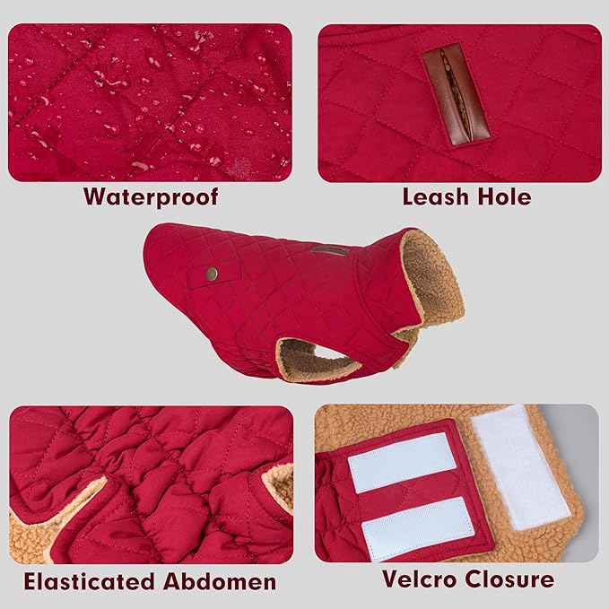 azuza Dog Jacket Waterproof & Windproof Dog Coat for Small Dogs with Thick Fleece, High Collar with Leash Hole, Adjustable Velcro & Elastic Belly, Red XL