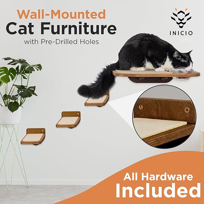 INICIO Cat Wall Shelves – Dog Proof Feeding Station with Wall Mounted Shelves, Durable 3 Step Birch Floating Shelf for Cats Up to 15lbs, Includes Attached Cat Food Bowl for Convenient Feeding – Brown