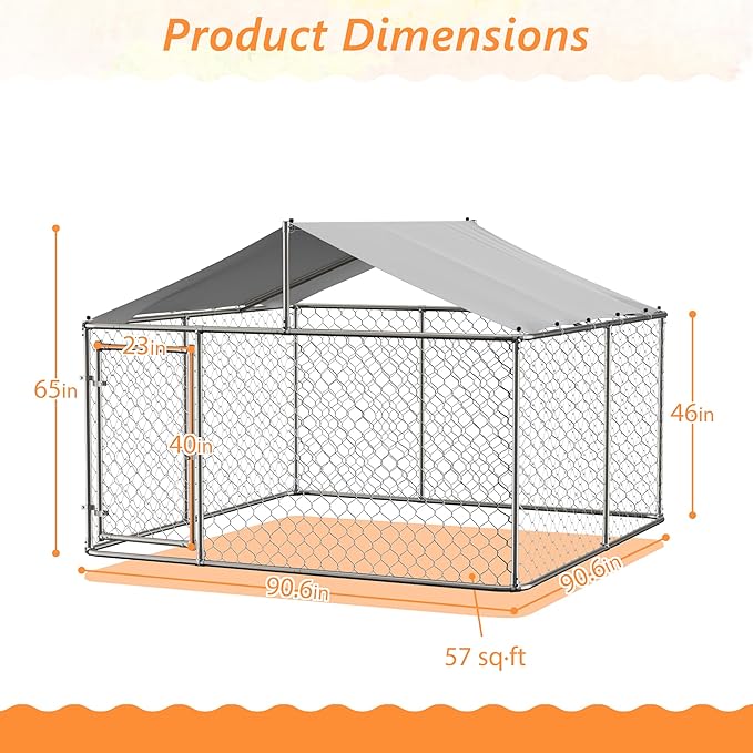 Outdoor Dog Enclosure Heavy Duty Dog Kennel House Mesh Outside Galvanized Chain Link Dog Run with Roof,Dog Cage Large Dogs Dog Pen Pet Kennel W/Waterproof Anti-UV Cover&Secure Lock for Large Dog