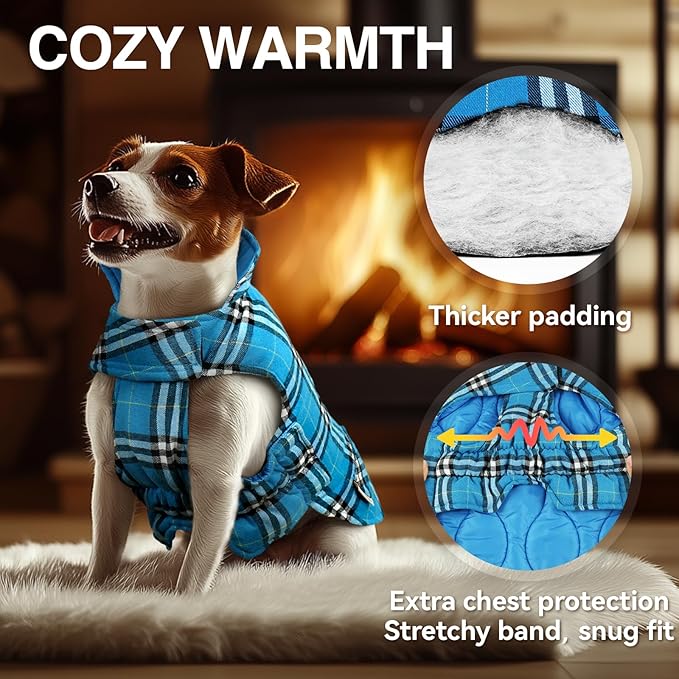 VIVAGLORY Softjoy Dog Coat, Dog Jacket for Winter & Christmas, Coat with Harness Hole & Velcro Closure, Reversible Plaid Checkered Warm Fluffy Heavy Duty for Puppy, L, Blue