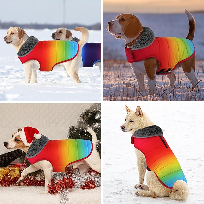 Dog Winter Coat, Waterproof Dog Jacket with Leash Hole, Reflective Adjustable Pet Snow Vest, Warm Fleece Sweater for Small Medium Large Dogs - Rainbow, M