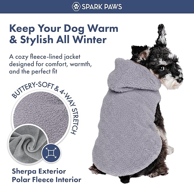 Spark Paws Teddy Dog Sweater, Sherpa Vest with Warm Fleece Lining, Winter Coat Suitable for Small Medium Large XL XXL Breeds - Grey - M